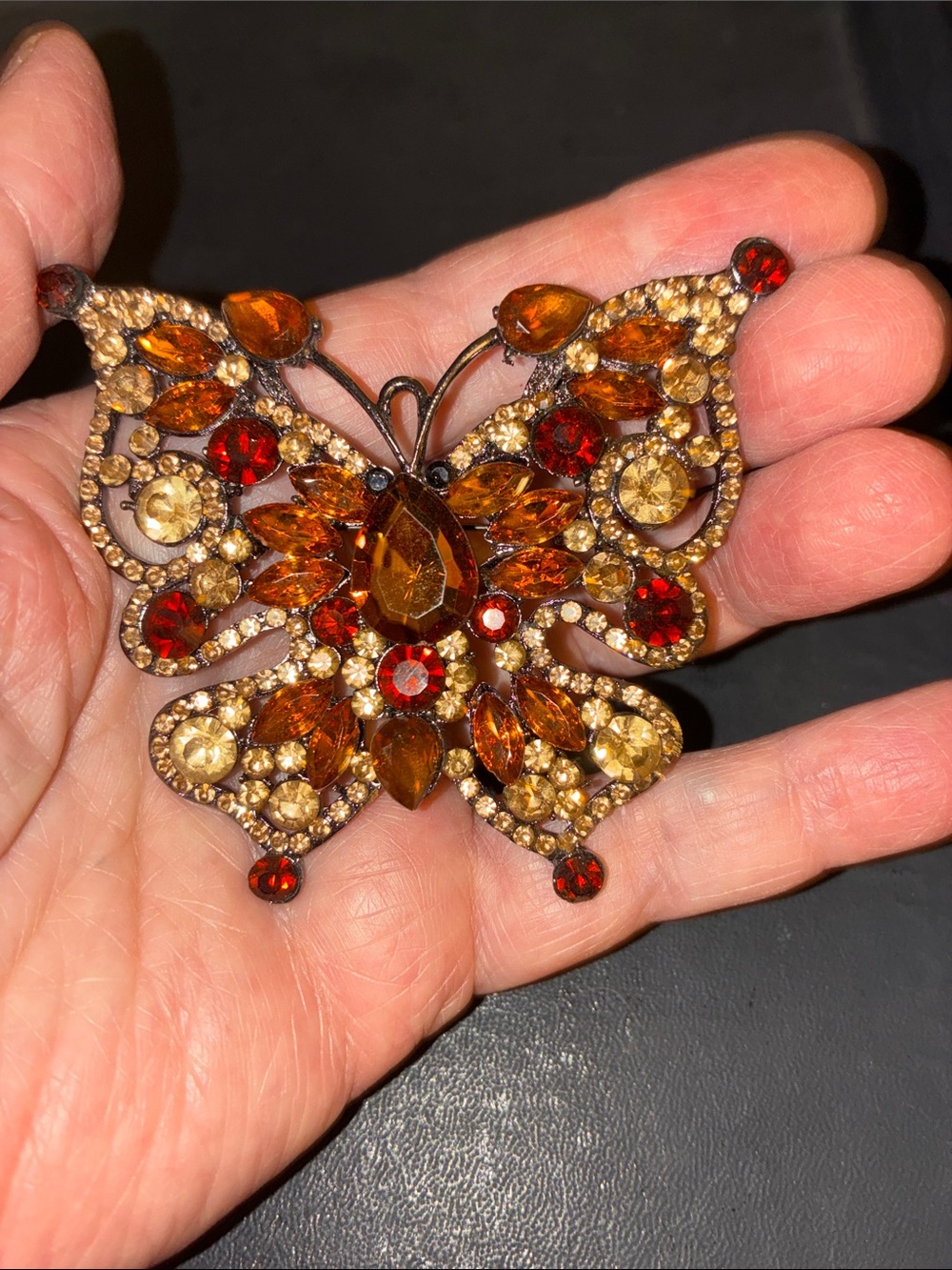 Butterfly Crystal Brooch in Amber and Red
